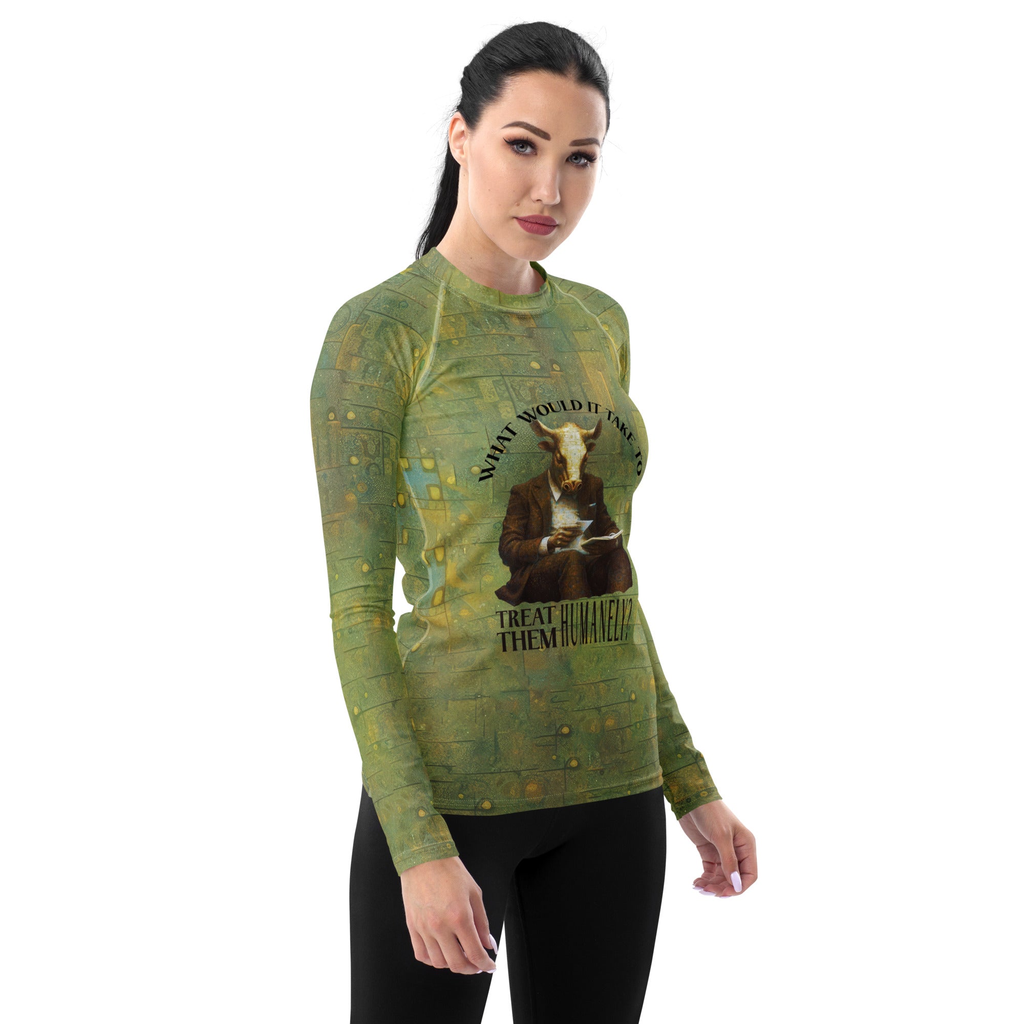 Women's Rash Guard featuring Graceful Giraffe Gathering, durable fabric.