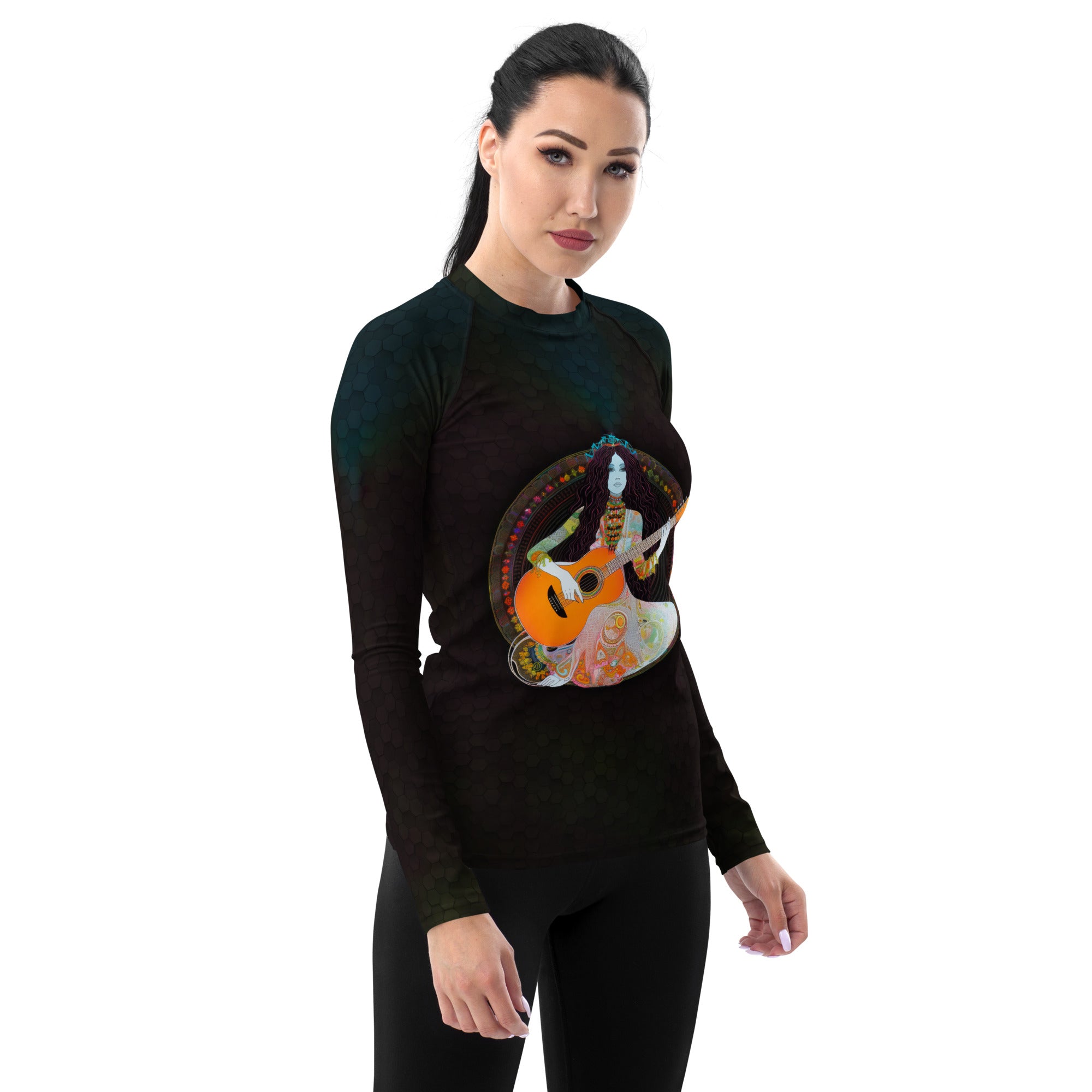 Back view of the Vibrant Expression Women's Rash Guard, showcasing the fit.