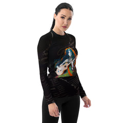 Retro Pop Women's Rash Guard in action, woman surfing