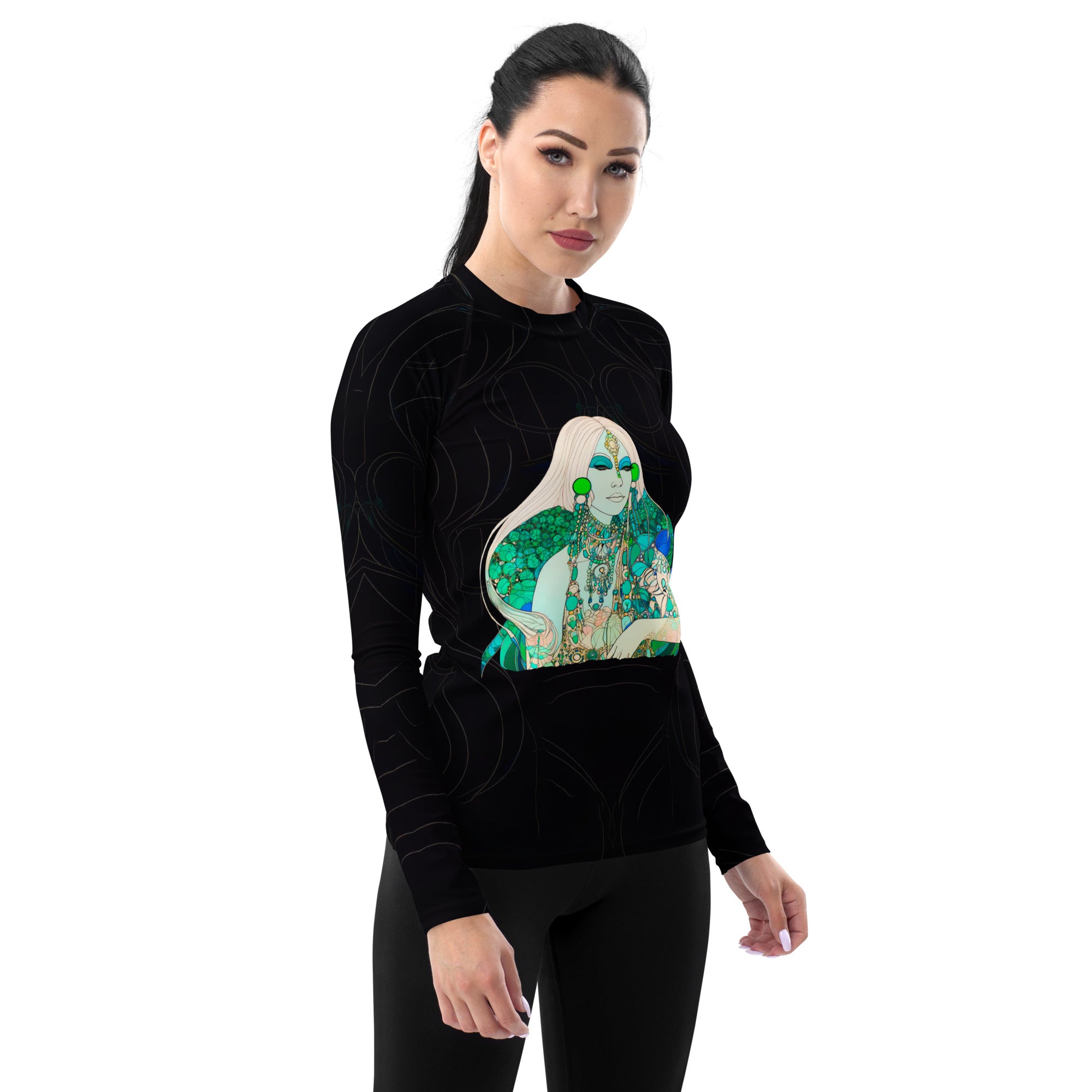 Elegant and protective Artistic Expression Women's Rash Guard, blending style with functionality.