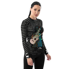 Durable and fast-drying women's rash guard with colorful design.