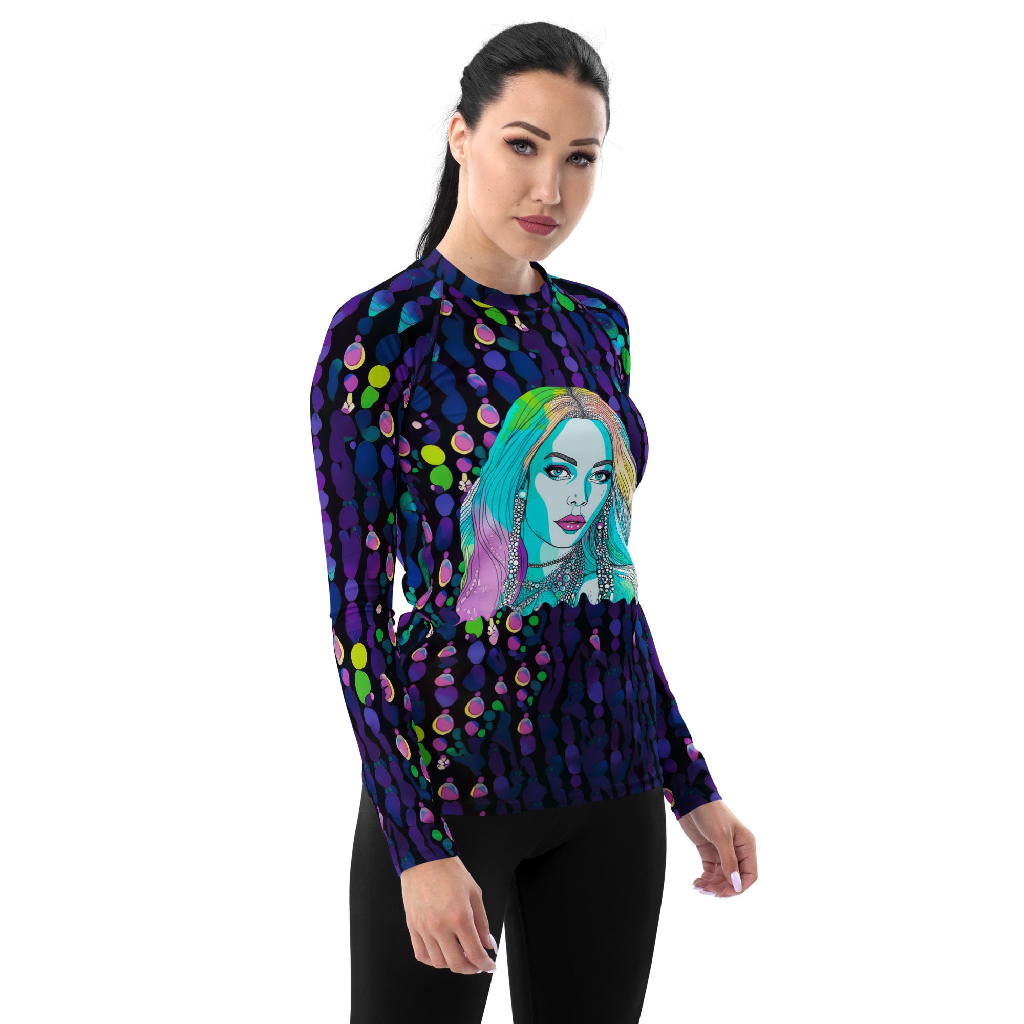 Energetic and bright psychedelic pattern rash guard for women, UV protected.