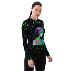 Back view of the Retro Comic Burst Women's Rash Guard on model.