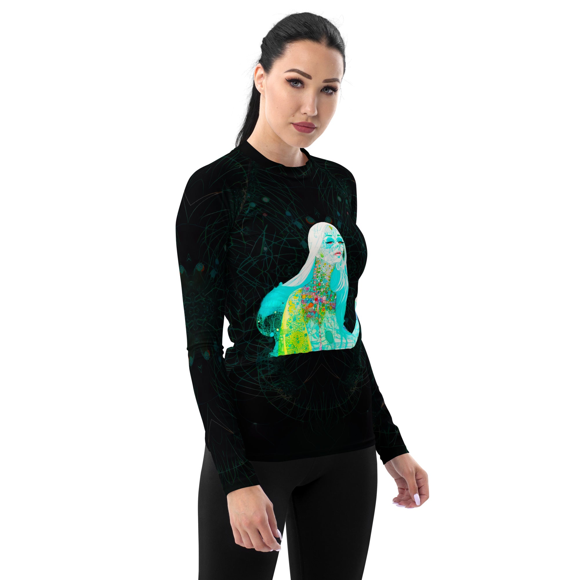 Vibrant women's rash guard for surfing, featuring popcorn explosion design