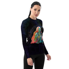 Whimsical Wonder Rash Guard in action, woman surfing