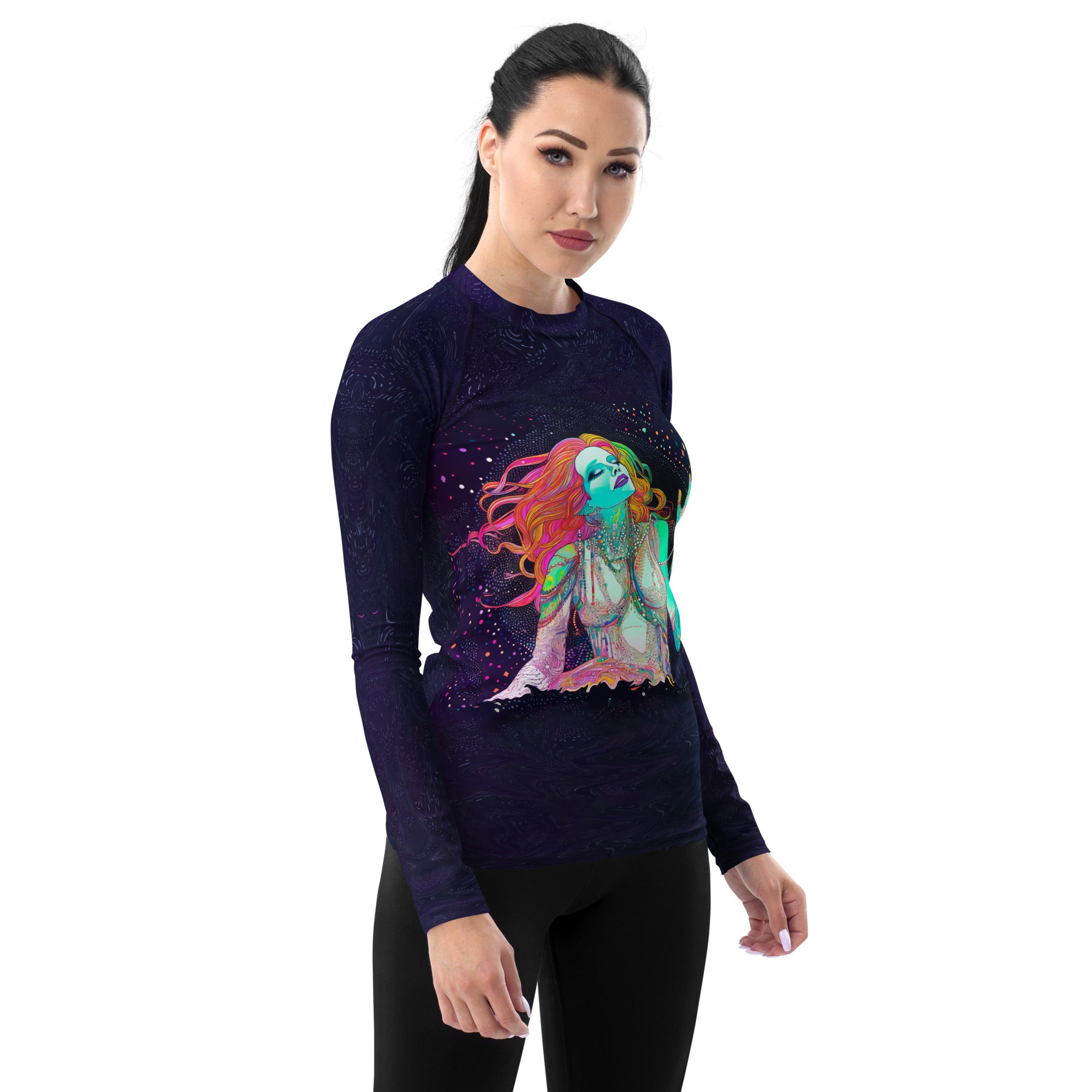 Front view of Meadow Muse Women's Rash Guard in different colors