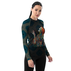 Model wearing Whimsical Wildflowers Women's Rash Guard in action