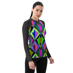 Ethereal Harmony Women's Rash Guard displayed on a clothing rack