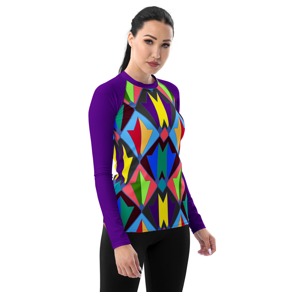 Mystic Elegance Women's Rash Guard on a clothing mannequin.