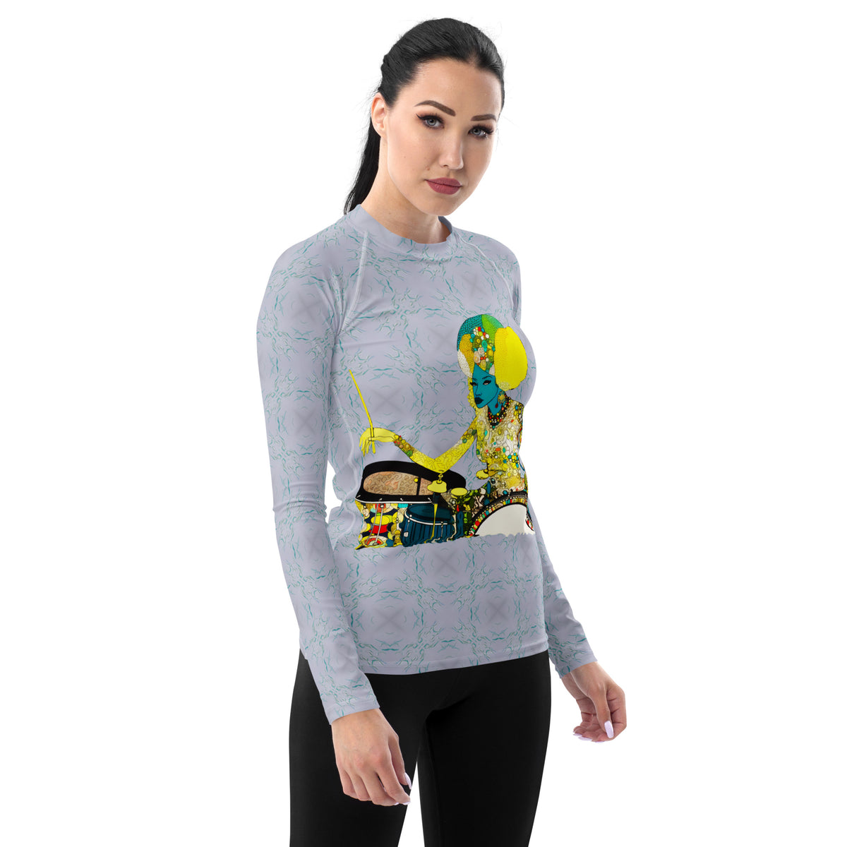 Flower Child Revolution Women's Rash Guard on a female surfer.