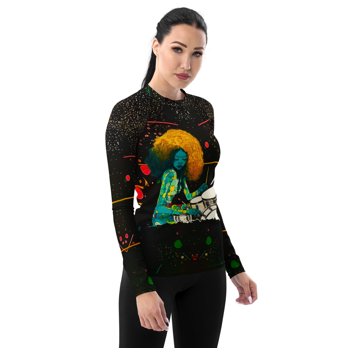 Groovy Garden City Women's Rash Guard on a cityscape background.