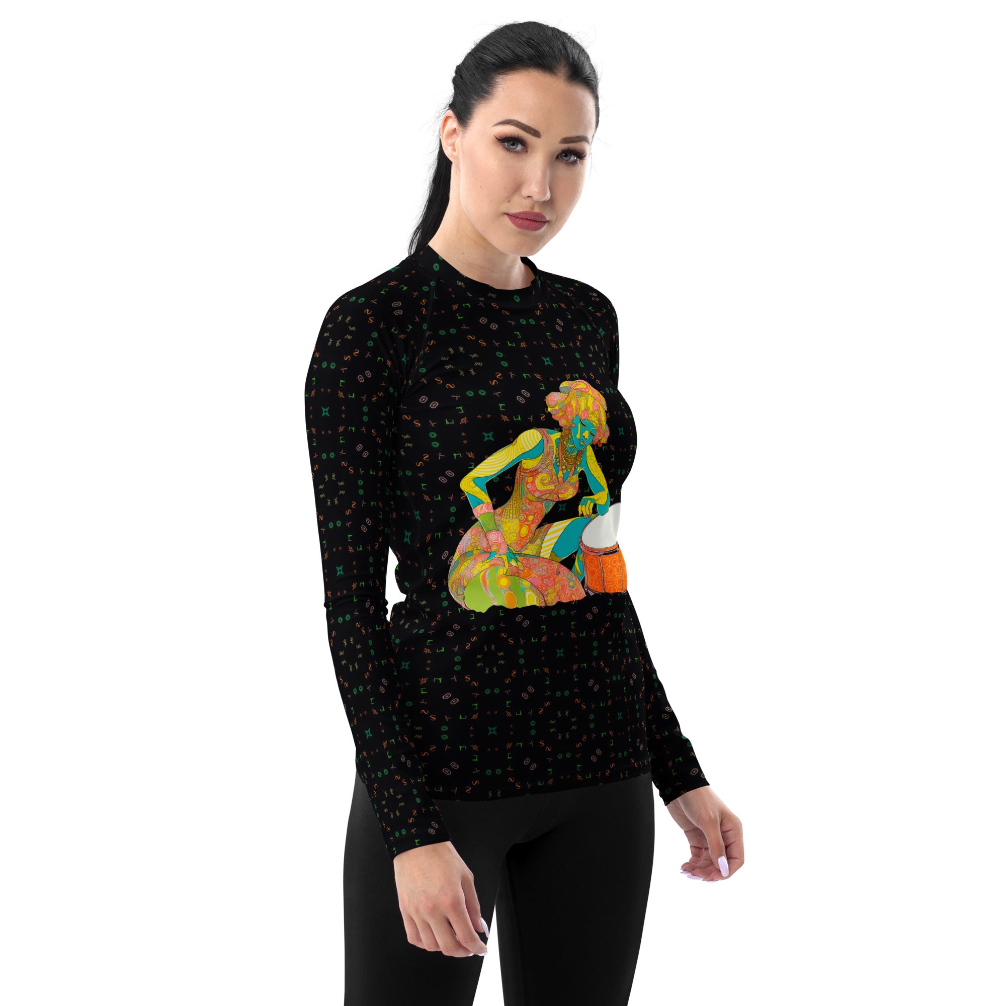 Floral Fantasy Printed Women's Rash Guard on a surfer at the beach.
