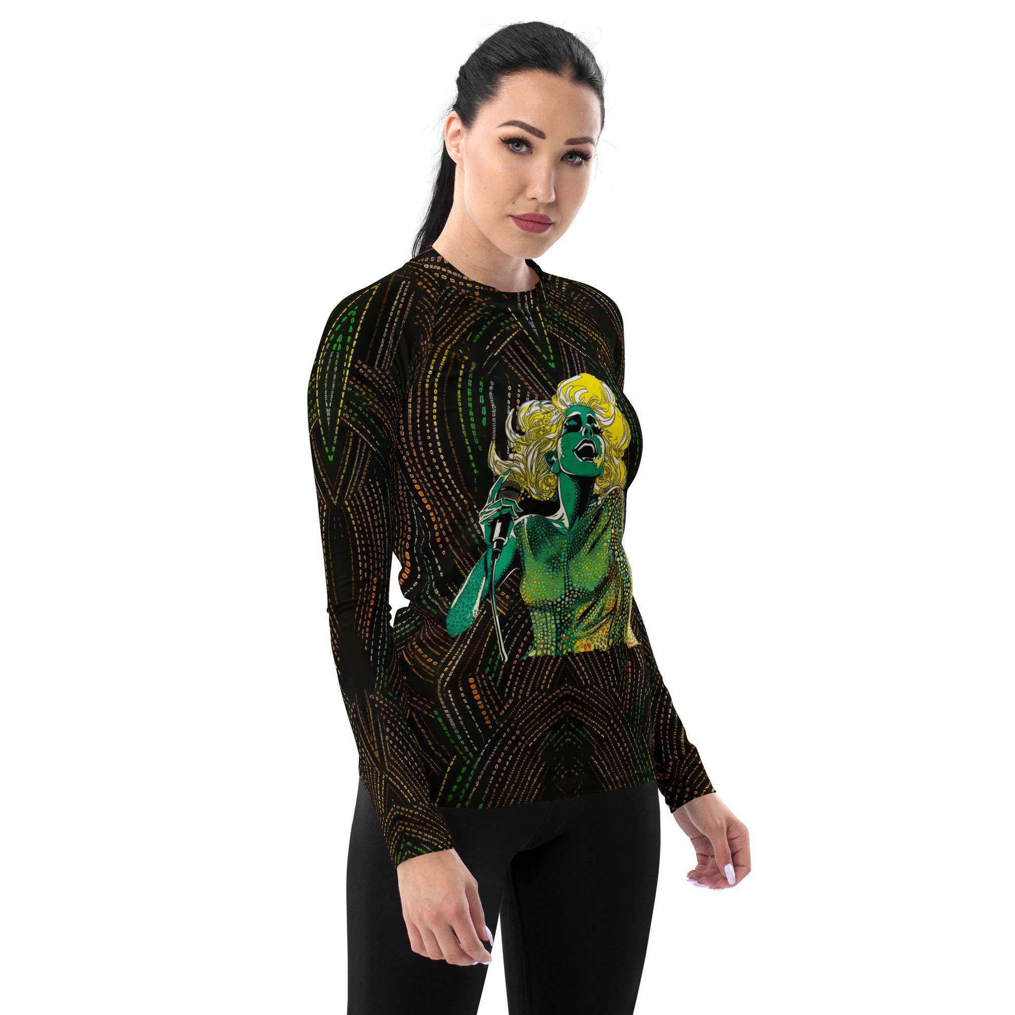 Stylish Floral Fusions Women's Rash Guard on display.