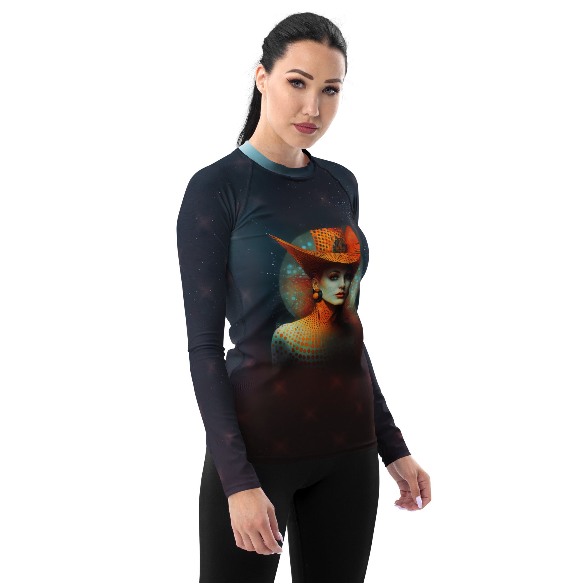 Back view of the Galactic Expedition Women's Rash Guard, showcasing fit.