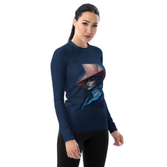 Stylish female surfer in Ocean Serenity rash guard