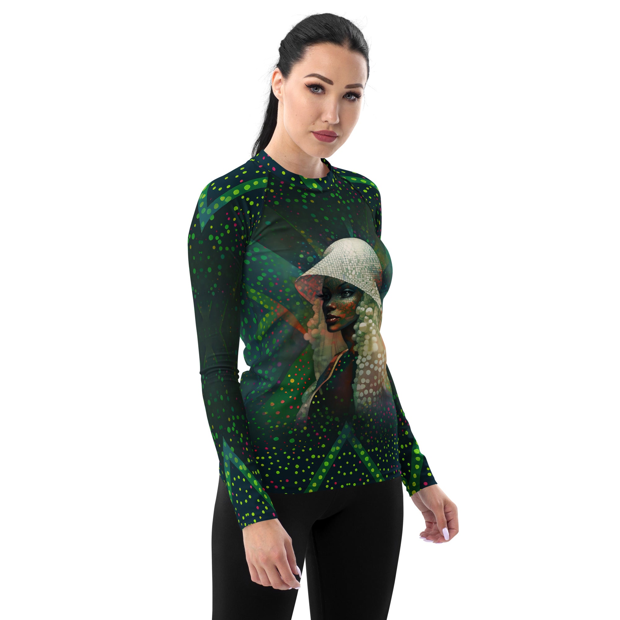 Beyond Elegance All-Over Print Women's Rash Guard pattern close-up.