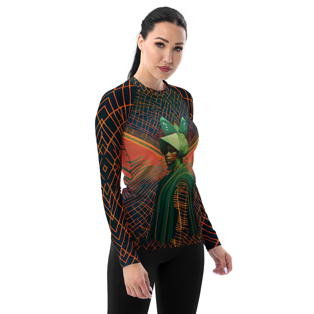 Mystic Waves All-Over Print Women's Rash Guard front view.