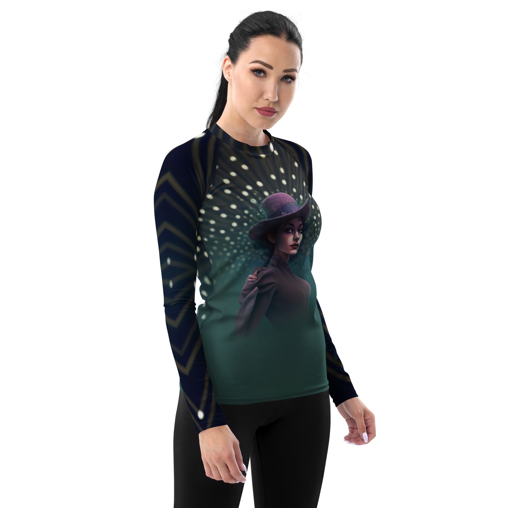 Bohemian Rhapsody All-Over Print Women's Rash Guard pattern close-up.