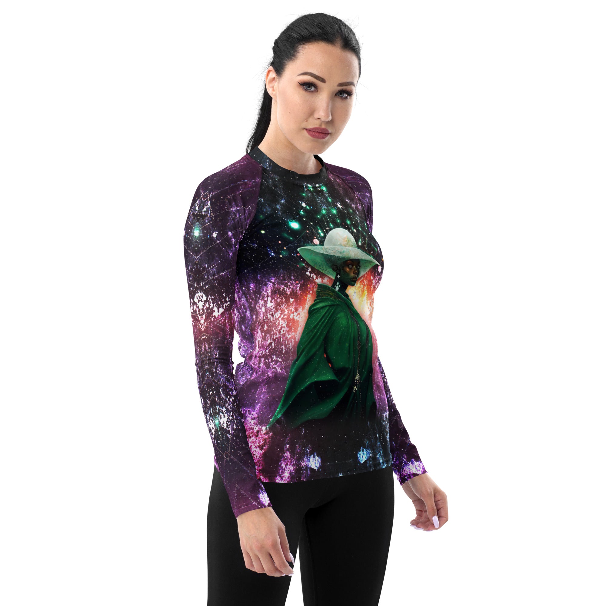 Retro Wave All-Over Print Women's Rash Guard retro pattern close-up.