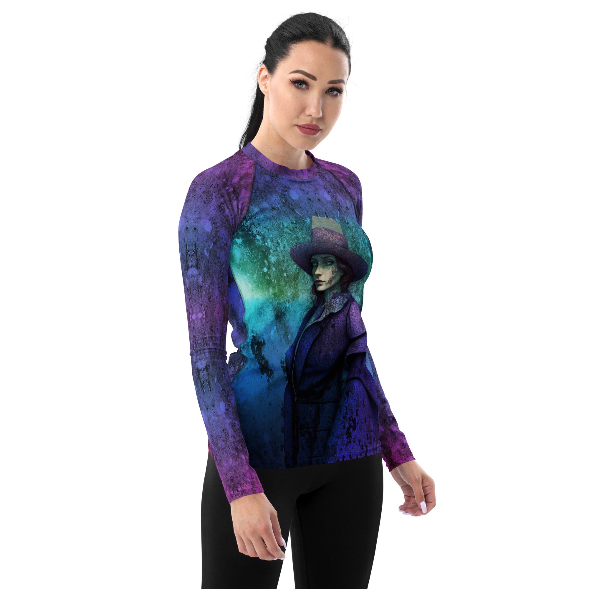 Cosmic Serenity All-Over Print Women's Rash Guard pattern close-up.