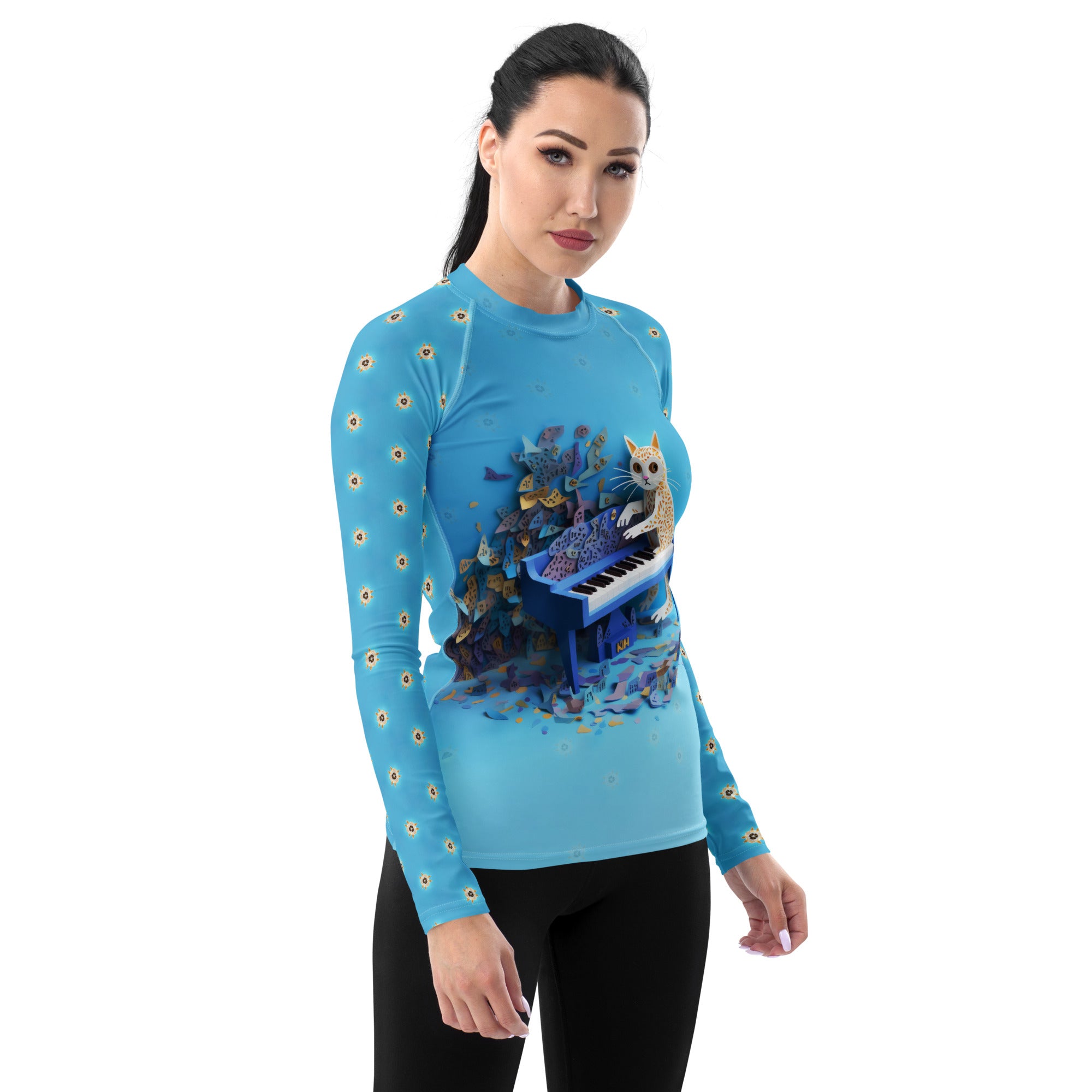 Vibrant peacock feather pattern on women's rash guard.