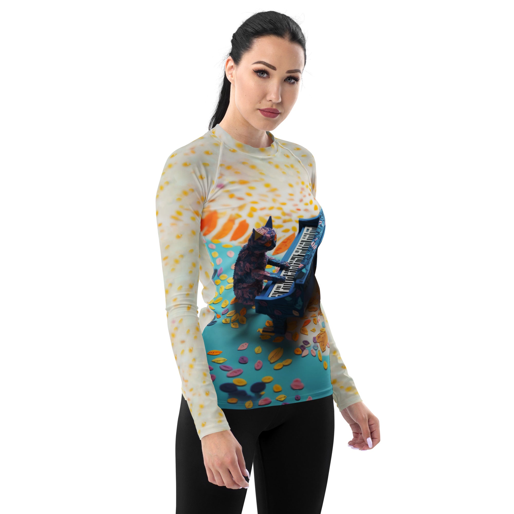 Close-up of Feline Fancy Kirigami Women's Rash Guard pattern.