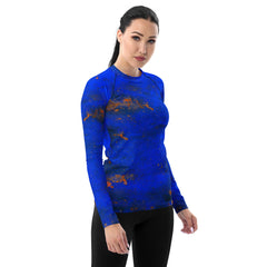 Women's rash guard featuring multicolor paint splashes.