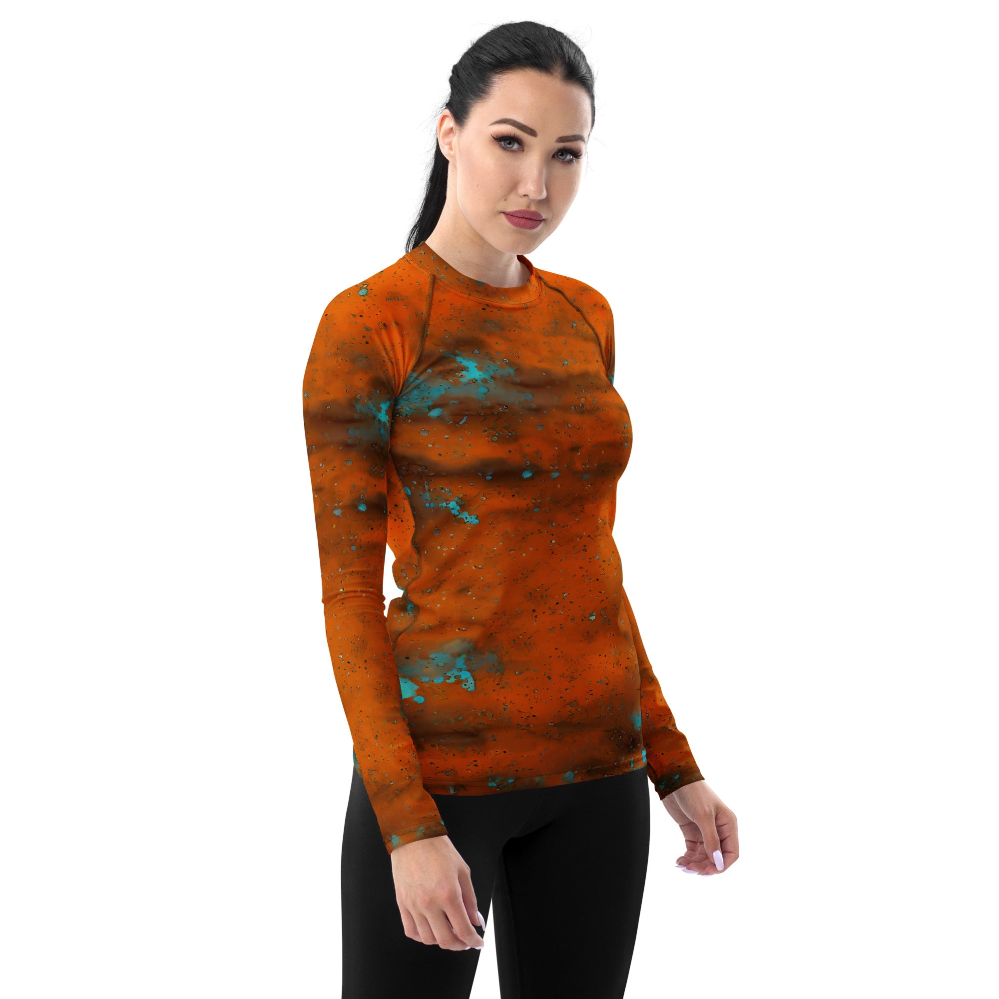 Women's rash guard with unique ink blot art design.