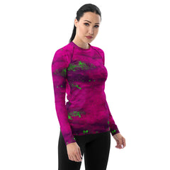 Elegant wine spill motif on women's rash guard.