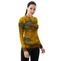 Outdoor-themed protective rash guard with grass stains for women.