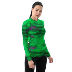 Durable women's rash guard with unique mud splatter pattern.