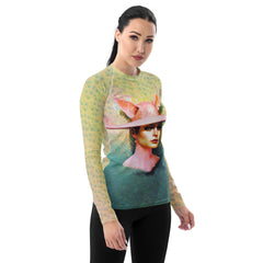 Athletic rash guard featuring magical rabbit forest artwork