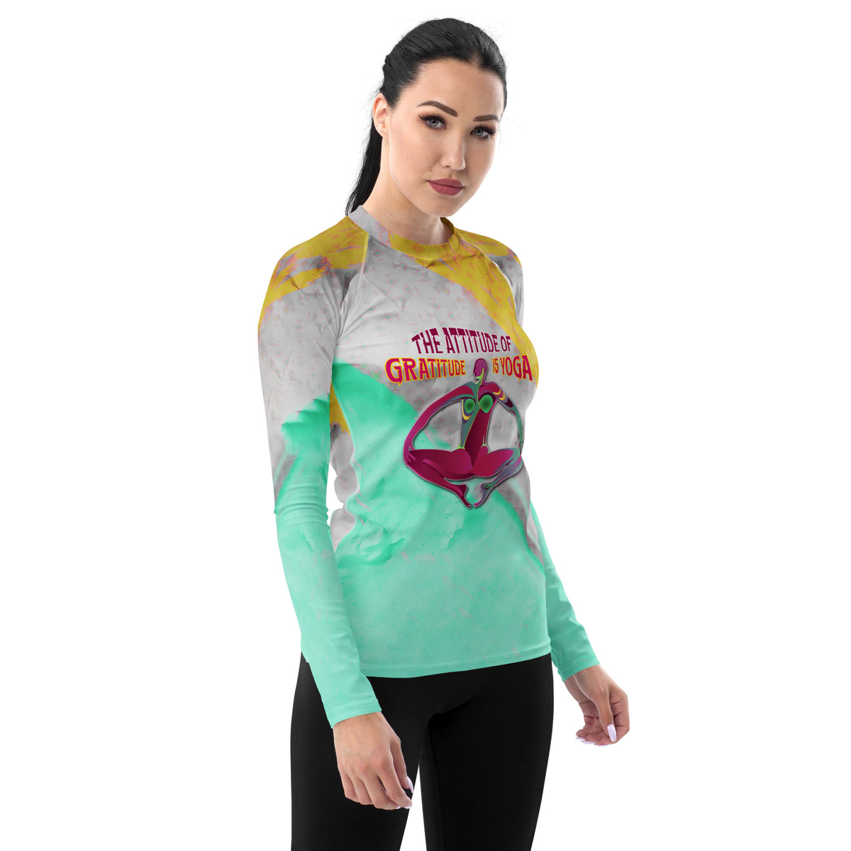 Women's rash guard with Dynamic Downward Dog design.