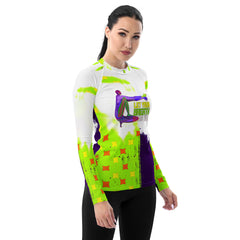 Nature-inspired Peaceful Pigeon design on women's rash guard.