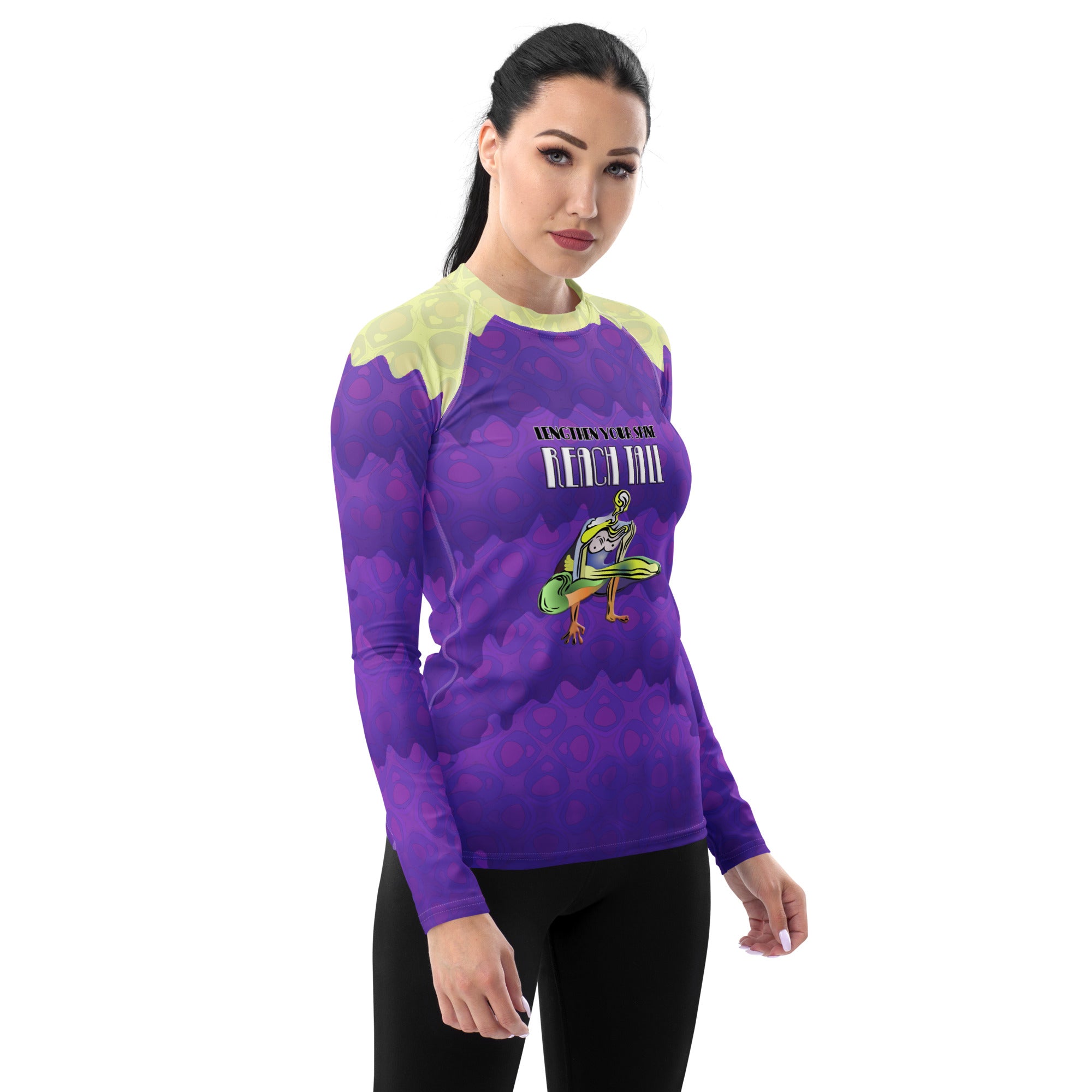 Women's rash guard featuring Tree Pose for balance.