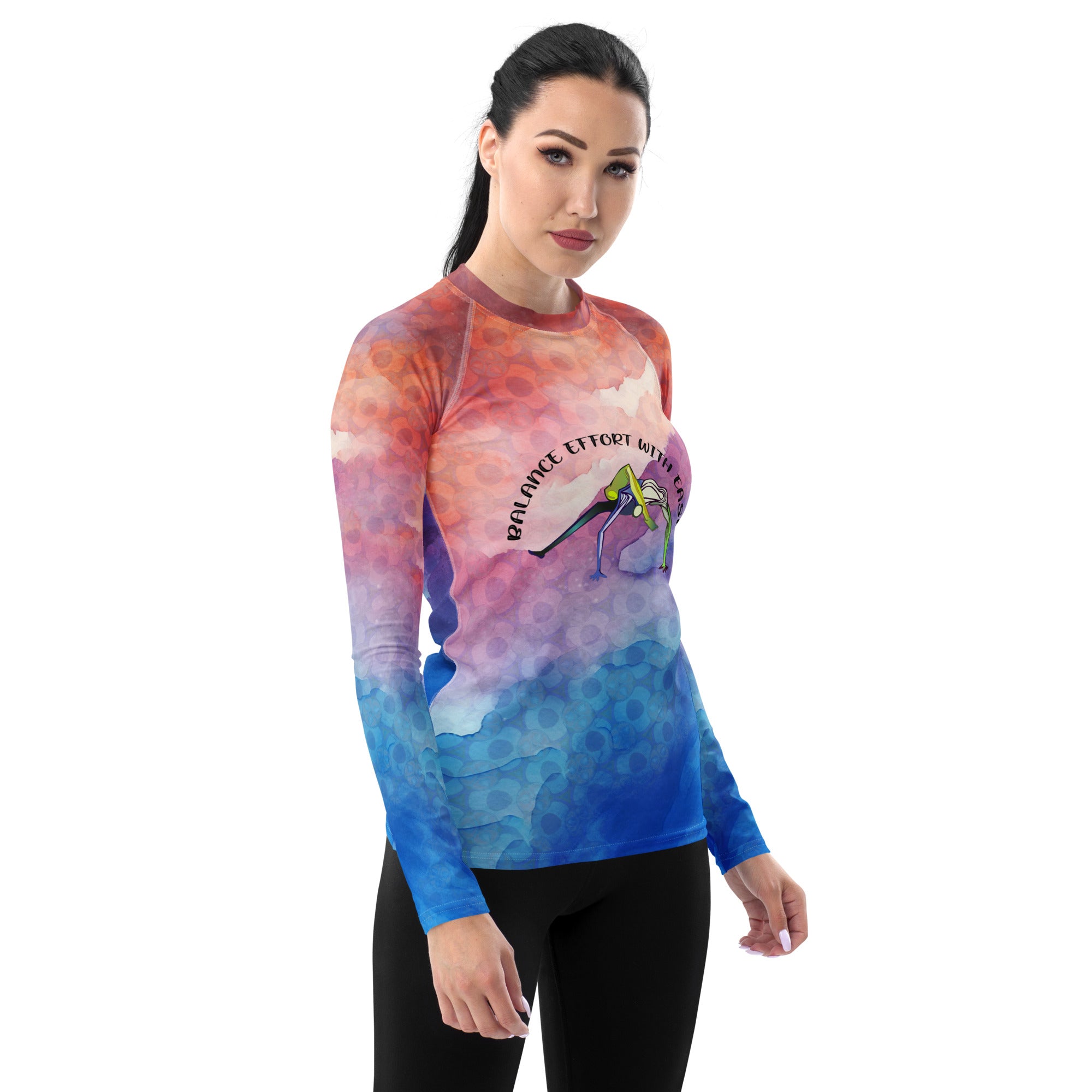 Women's rash guard with Boat Pose strength design.