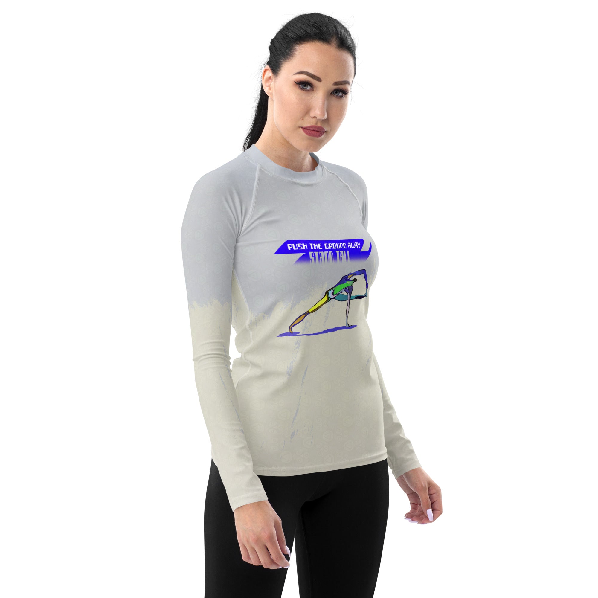 Women's rash guard with Crow Pose for focused training.