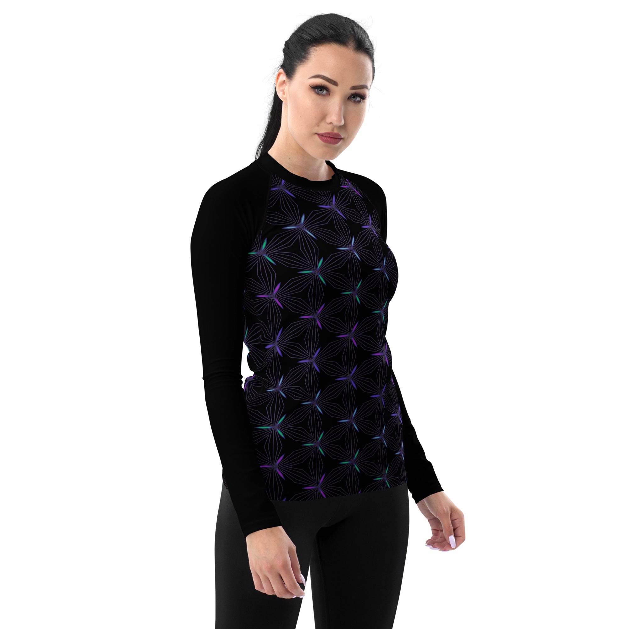 Close-up of Ethereal Galaxy Women's Rash Guard fabric texture