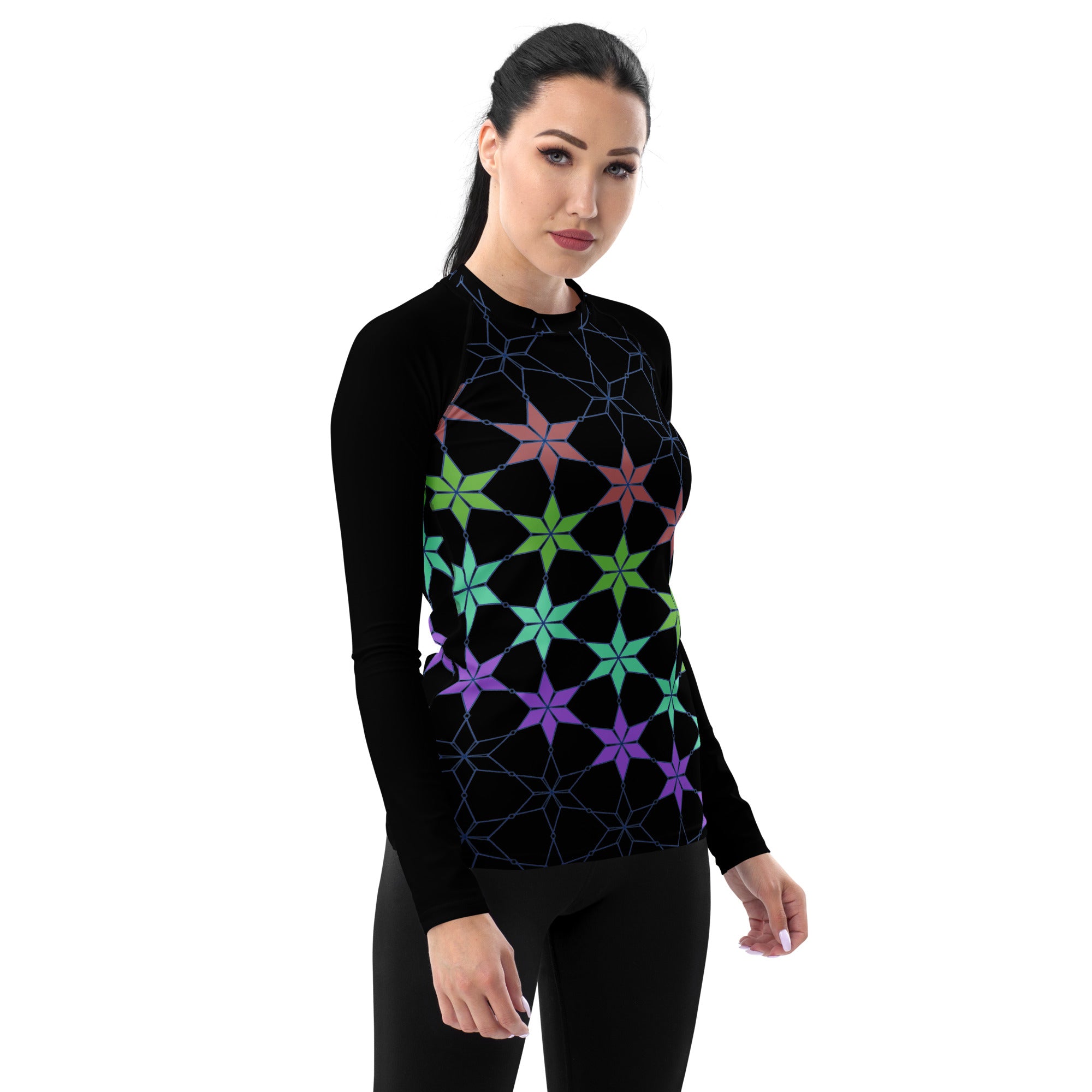 Woman wearing Geometric Bliss Women's Rash Guard in action