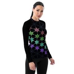 Woman wearing Geometric Bliss Women's Rash Guard in action