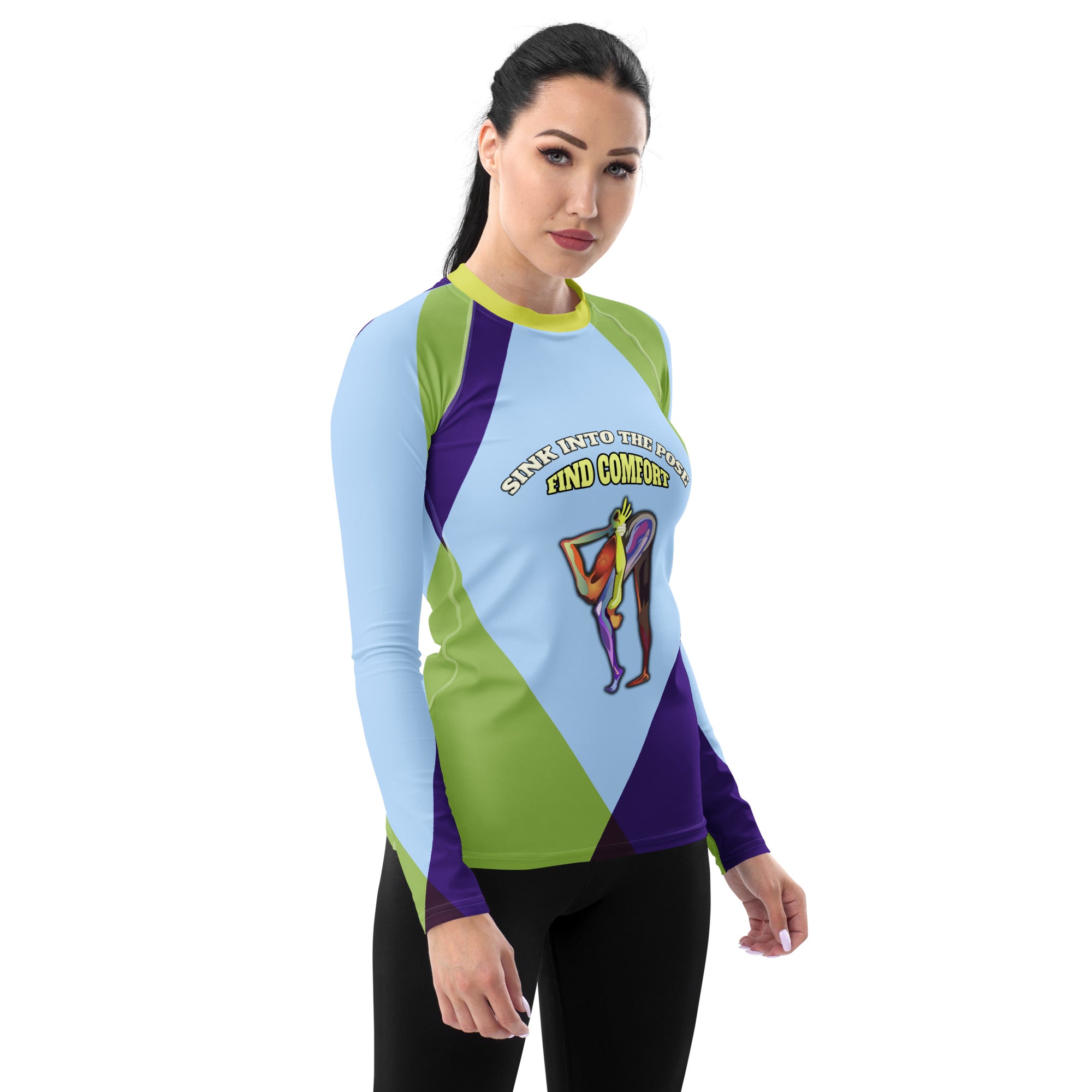 Sun Salutation Women's Rash Guard for yoga and outdoor sports.

