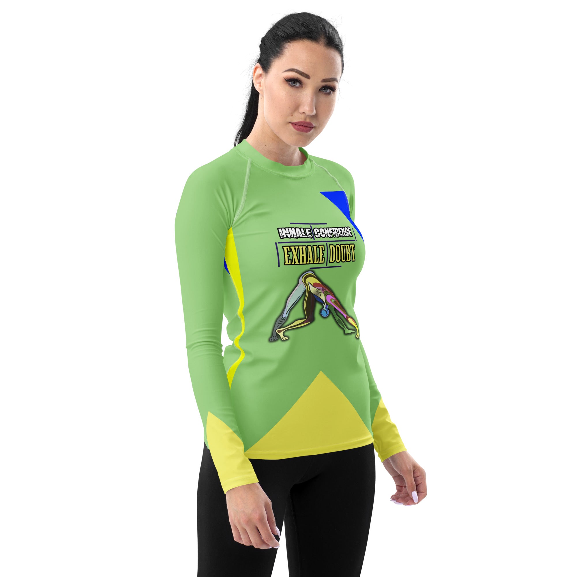 Zen Zephyr women's rash guard on beach.