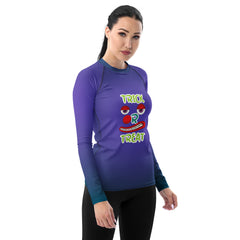 Model wearing Haunted Mansion Women's Rash Guard at the beach





