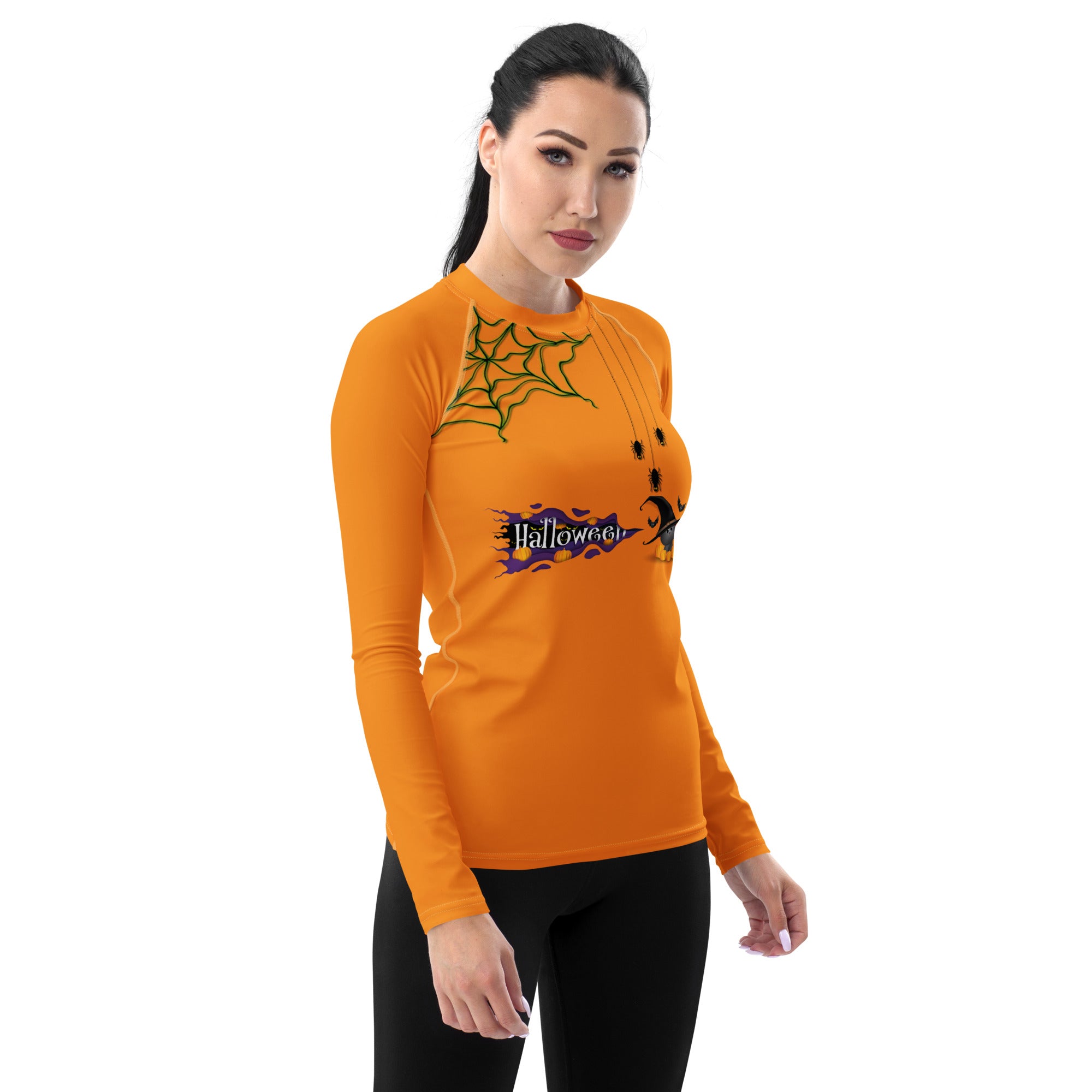 Back view of Trick Or Treat Women's Rash Guard for activewear





