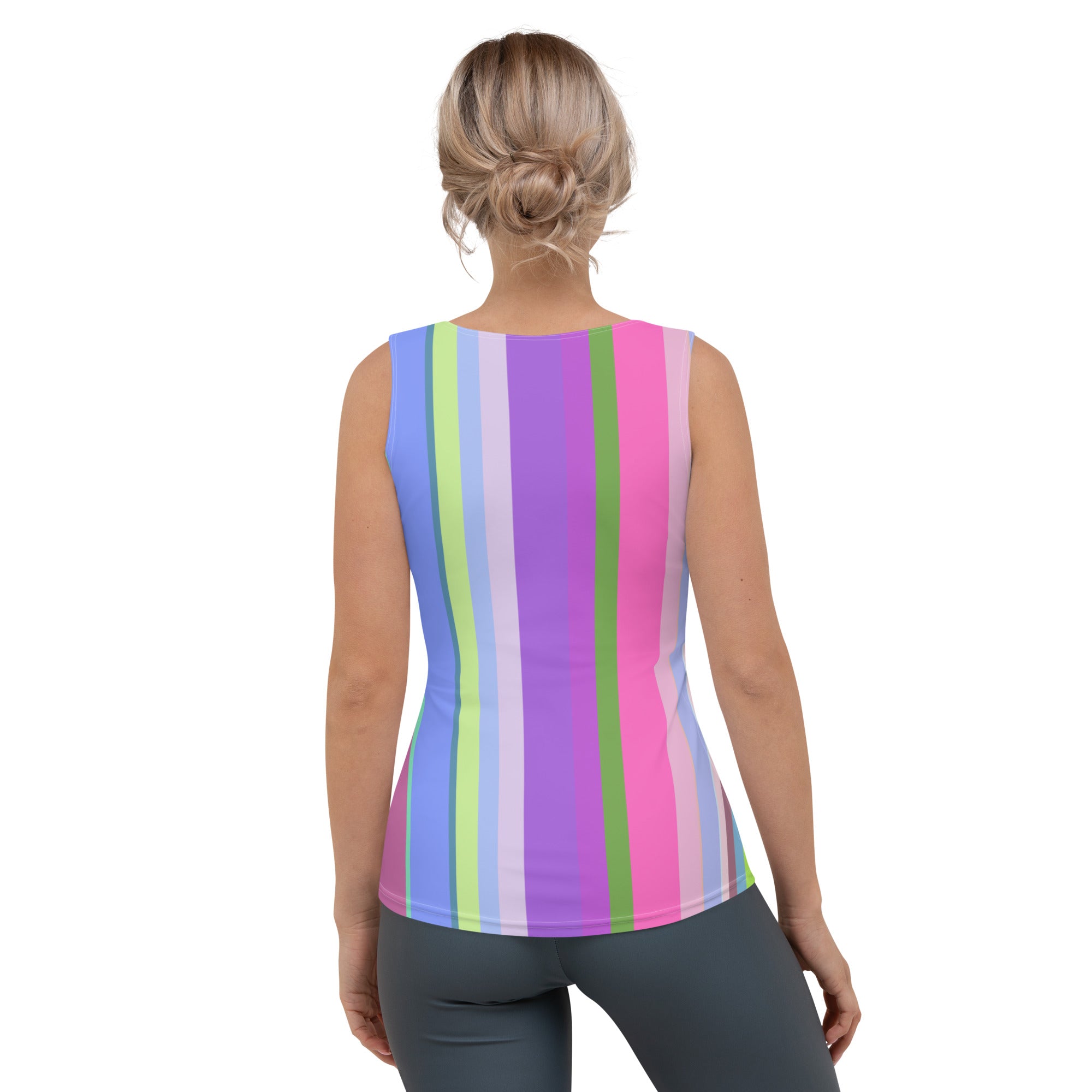 Women's radiant rainbow stripes tank top front view.