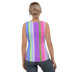 Women's radiant rainbow stripes tank top front view.