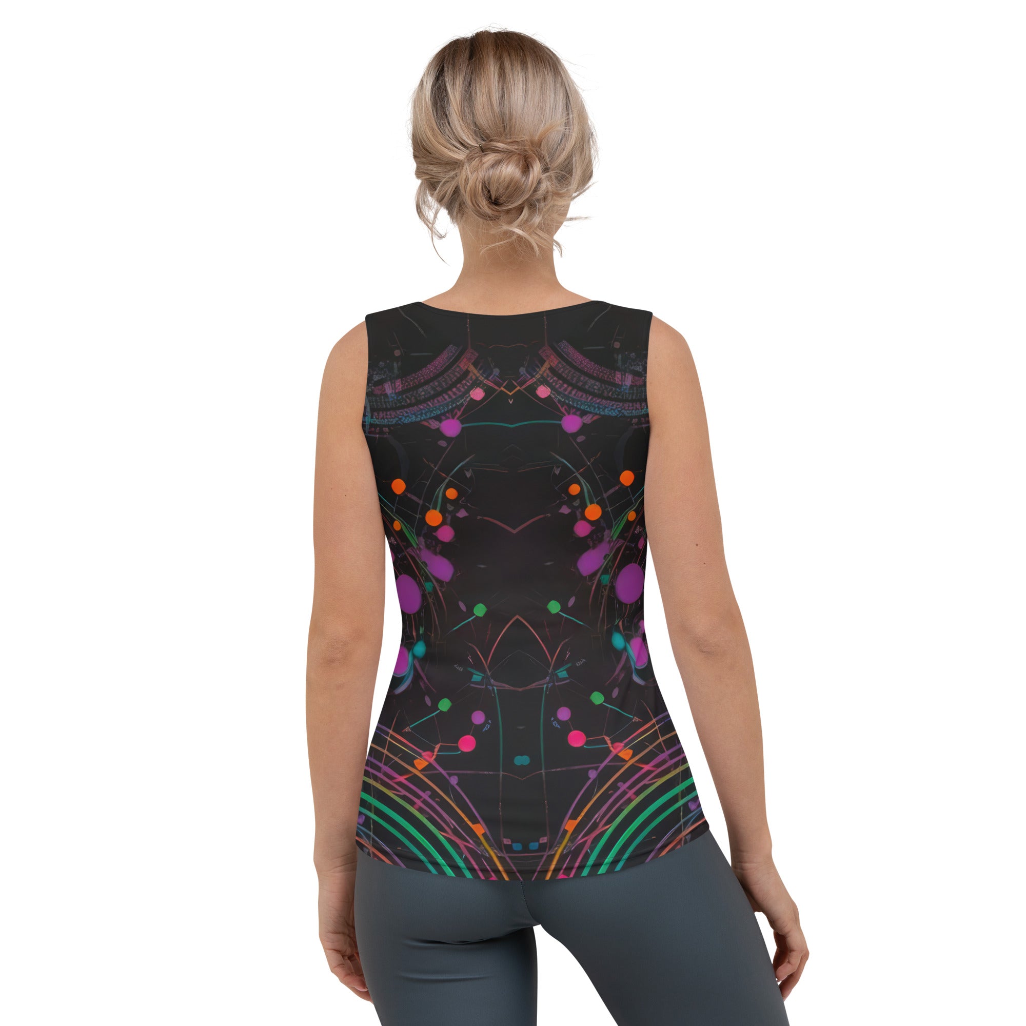 Woman wearing Abstract Burst Tank Top, perfect for summer fashion.