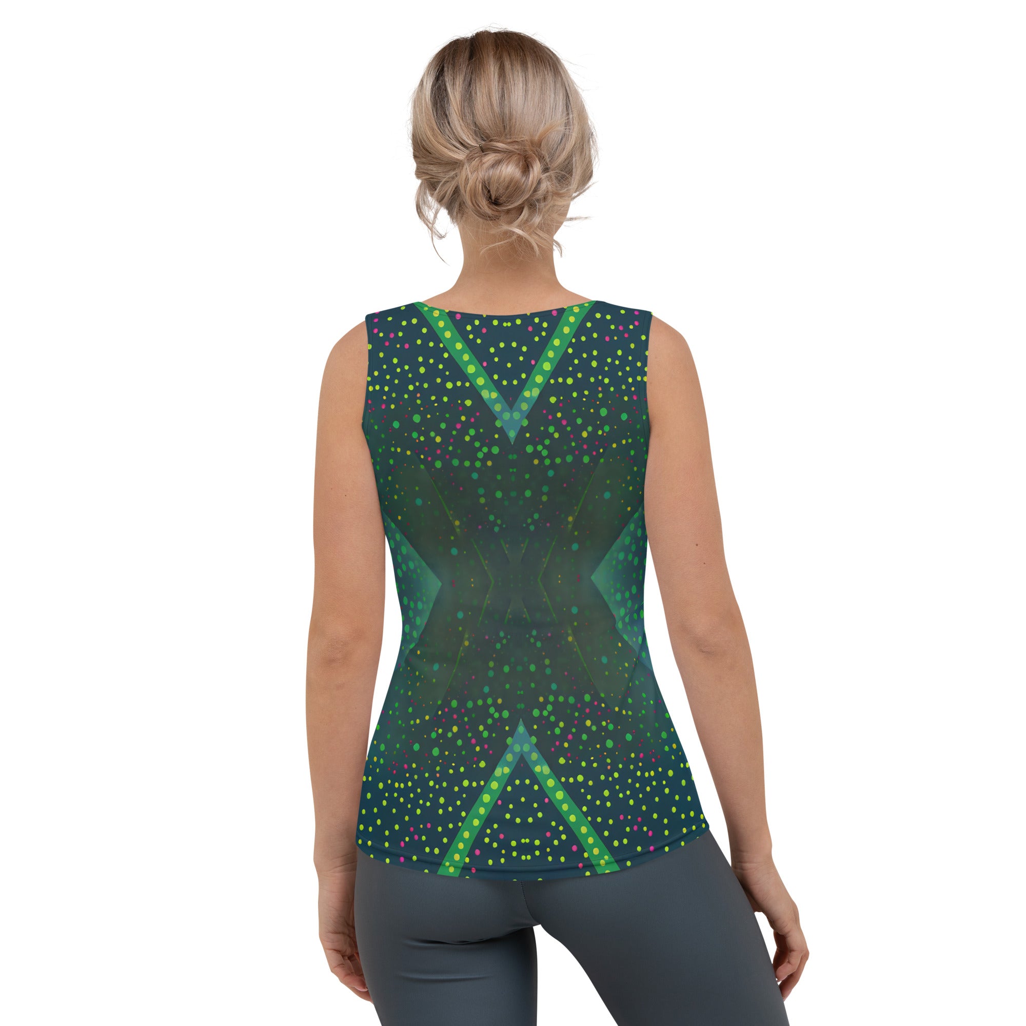 Woman wearing Cosmic Serenity Tank Top during a workout.