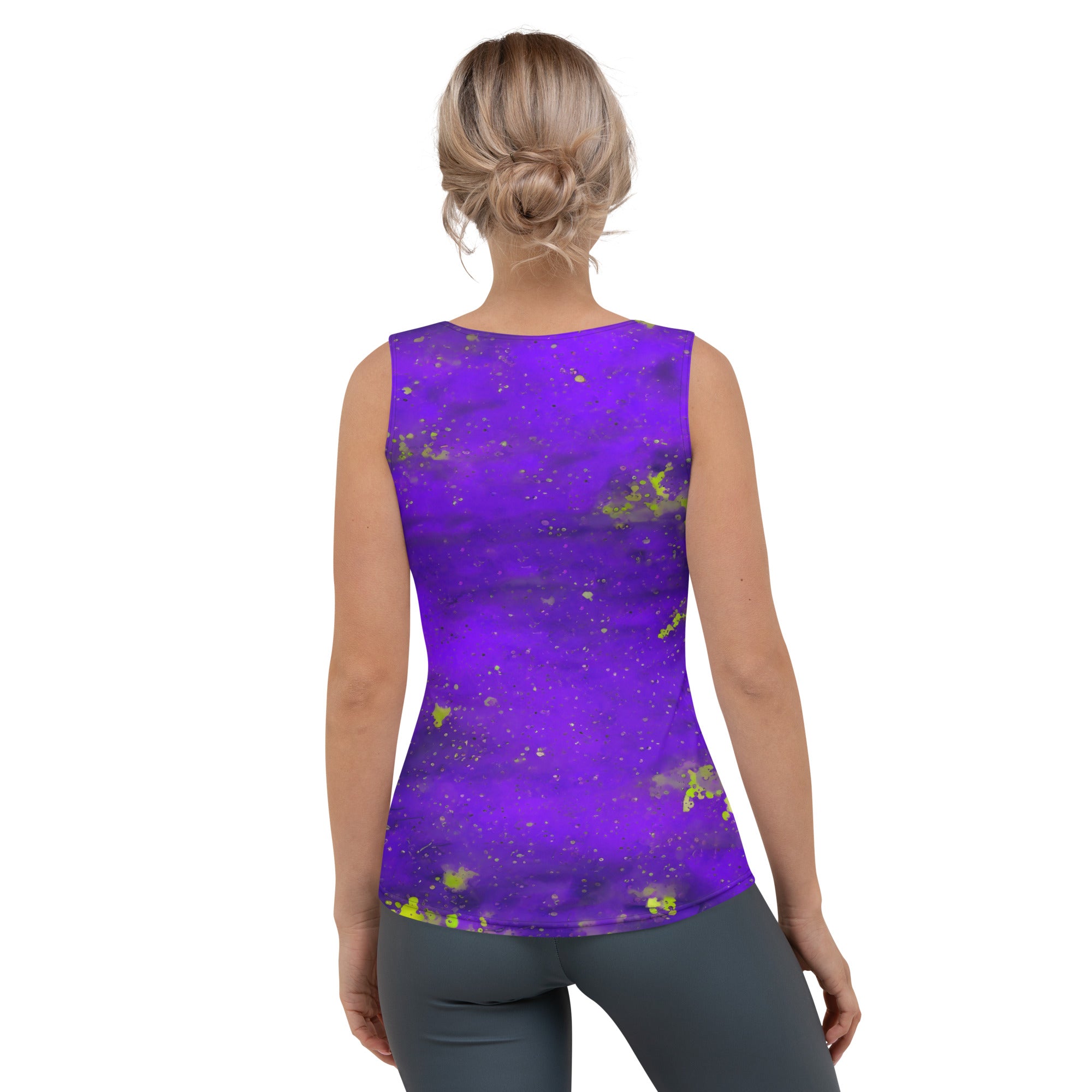 Chic coffee stains pattern on women's tank top.