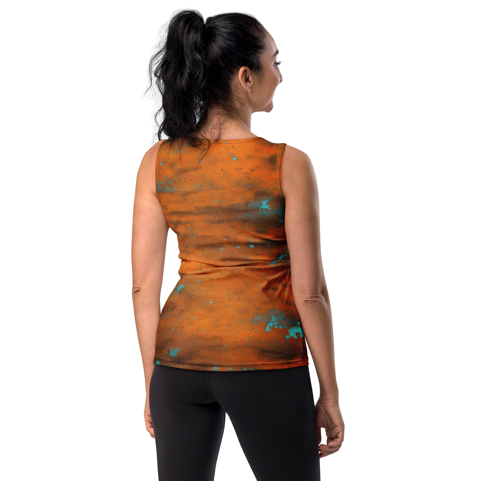 Stylish abstract ink blot art on women's tank top.